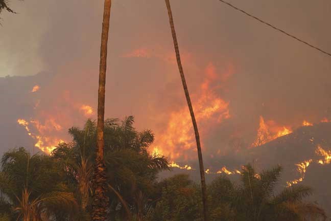 A wildfire burns in the hills just north of the San Gabriel Valley community of Glendora, Calif. on Thursday, Jan 16, 2014. Southern California authorities have ordered the evacuation of homes at the edge of a fast-moving wildfire burning in the dangerously dry foothills of the San Gabriel Mountains. (AP Photo/Nick Ut)