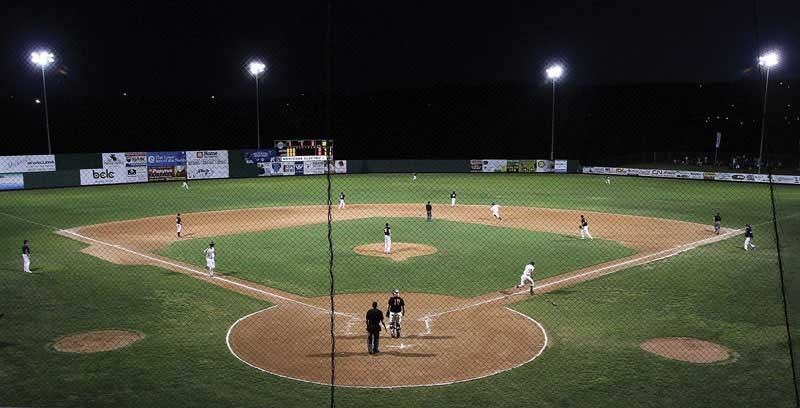Action Saturday night between Trail and Langley in the BC Mens Baseball Provincials at Citizen field.<br>Aug 7. 2012<br>Citizen photo by David Mah