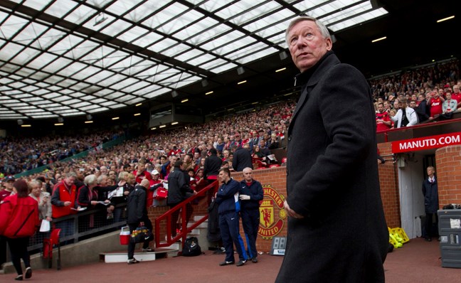 In this Sunday May 5, 2013 photo, Manchester United's manager Sir Alex Ferguson takes to the touchline before his team's English Premier League soccer match against Chelsea at Old Trafford Stadium in Manchester, England. Ferguson will step down as Manchester United manager at the end of the season after 26 years in charge. (AP Photo/Jon Super)