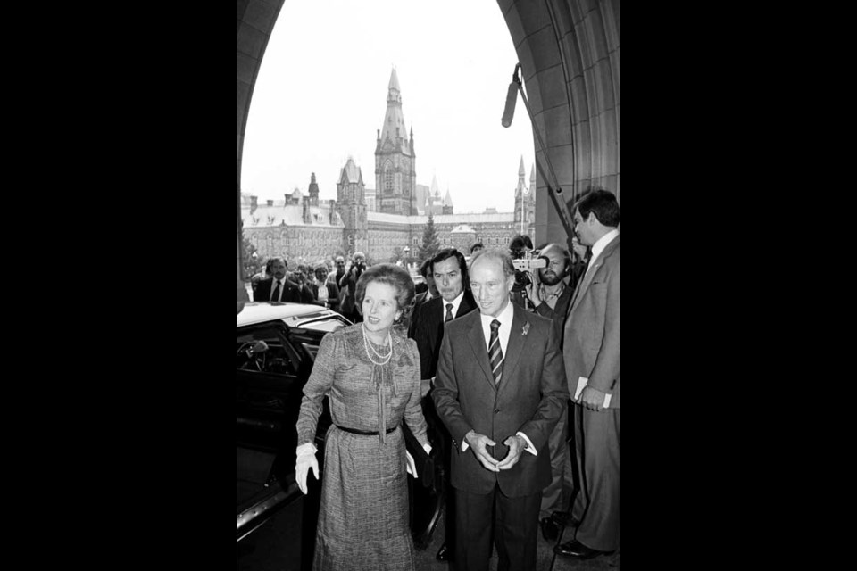 British Prime Minister Margaret Thatcher is greeted by Canadian Prime Minister Pierre Trudeau as she arrives on Parliament Hill in Ottawa, Ont., Sept. 26, 1983. Thatcher's spokesman, Tim Bell, said the former prime minister died from a stroke Monday morning at the Ritz hotel in London. THE CANADIAN PRESS/Peter Bregg