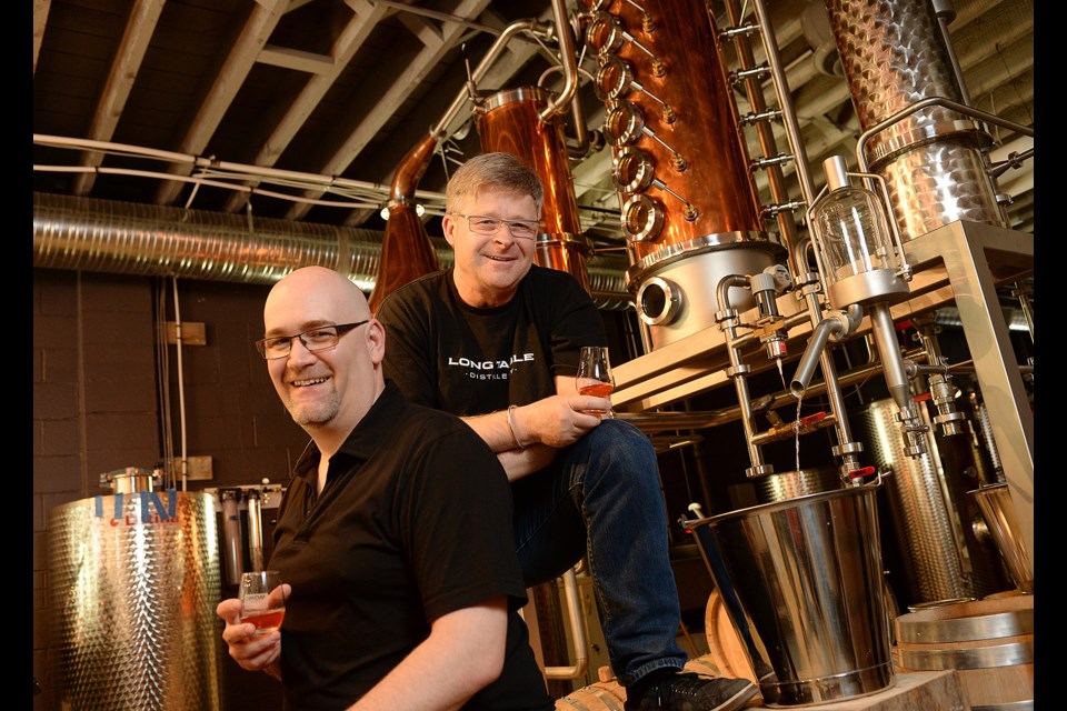 Alex Hamer (left) and Charles Tremewen show some team spirit in anticipation of B.C. Distilled, the province’s first micro-distillery festival, May 10 at CBC Studios, showcasing libations from 16 small-batch distilleries across B.C. and one from the Yukon.