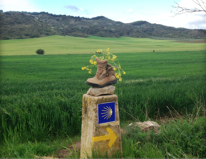 Trailmarkers featuring yellow arrows and stylized yellow shells mark the direction of the Camino de Santiago.