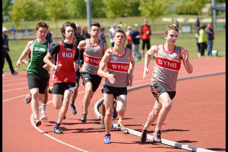 Max Trummer leads the senior boys 800 metre race at the city championships May 9 at UBC. He’s pursued by teammates Matthew Taylor and Troy Trafidlo who, along with Trummer, stacked the podium for Lord Byng.
