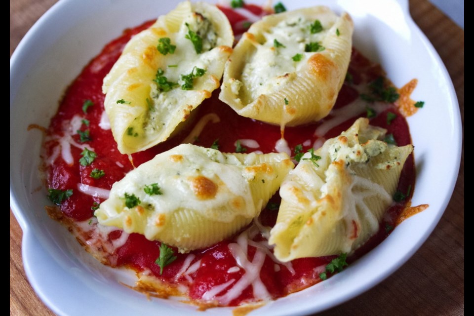 These ricotta cheese-stuffed pasta shells, unbaked, can be frozen, and then thawed and baked when needed.