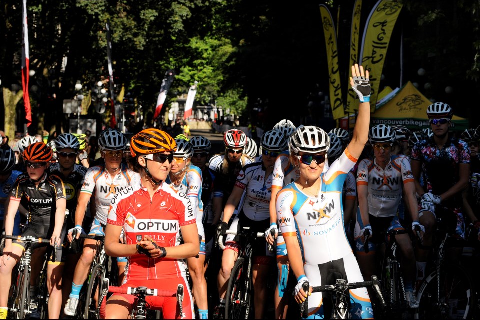 The elite women’s field is introduced in advance of the 2013 Gastown Grand Prix. Leah Kirchmann (left) won.