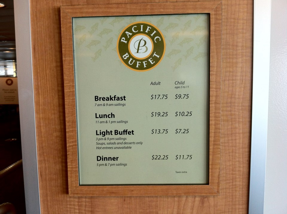 Prices for Pacific Buffet on Spirit of Vancouver Island ferry.