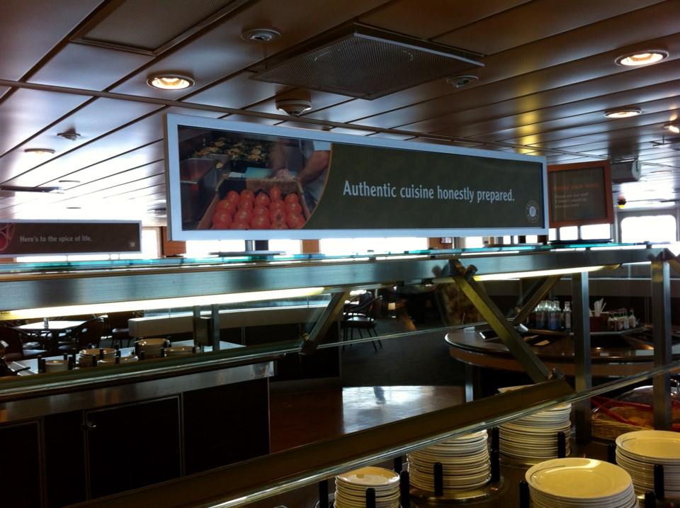 An odd slogan in the Pacific Buffet.