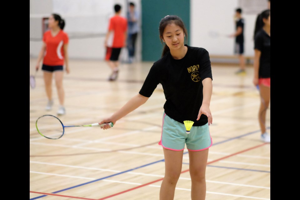 BNW champion Bby North vs. North Shore champion West Vancouver in opening round of Vancouver and District junior badminton championships at Bby North.
Sasha Cai ( bangs) and Grace Zhong ( pink ponytail and green shorts)