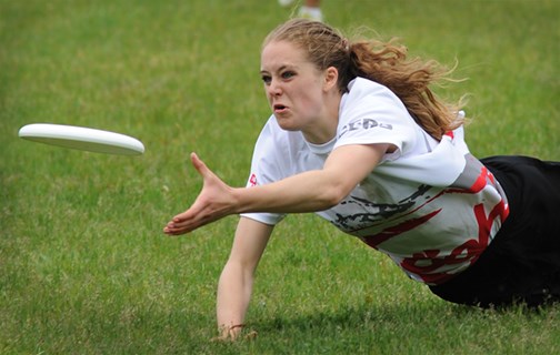 Siobhan Finan, a York House player for the co-ed team Tight, gets low and makes a diving catch in a 15-14 loss to Southerland in the B.C. ultimate championship at UBC on May 26, 2014.