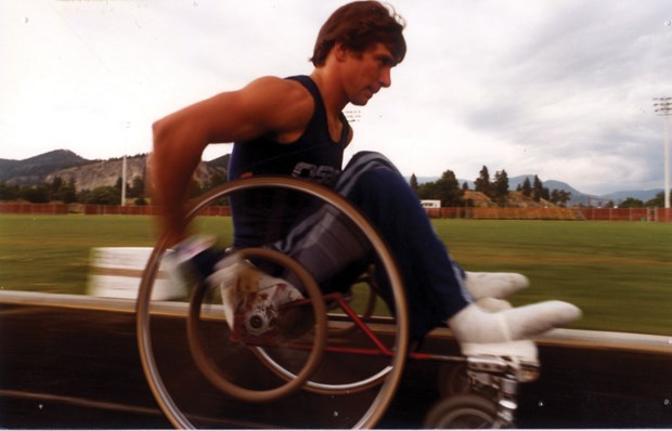 A photo from 1985 shows Rick Hansen in training for his Man in Motion World Tour.