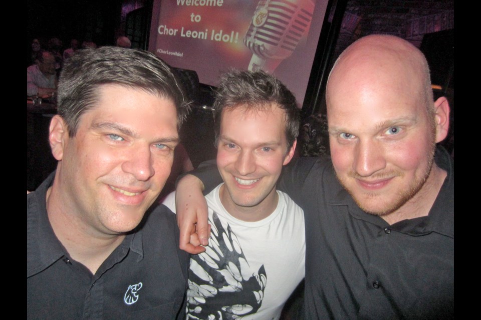 From left, Greg Martin, Kyle Harland and Stash Bylicki were among eight of Chor Leoni’s finest singers who battled for karaoke supremacy in the company’s first ever Chor Leoni Idol competition. The fundraiser, won by Harland, netted $15,000 for one of Canada’s preeminent male choirs.