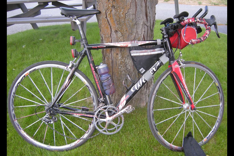 The shooting victim's bicycle he was using in the road race, when he was shot.