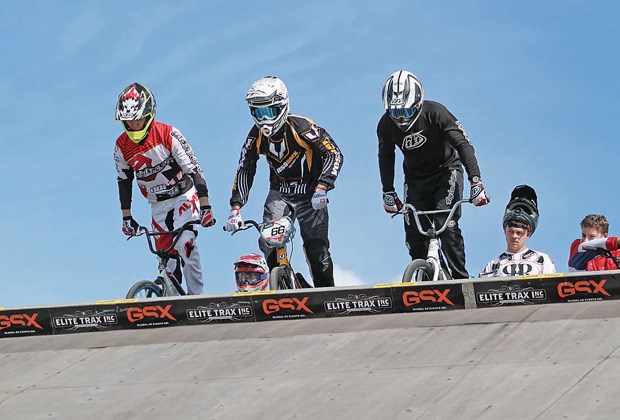 North Vancouver's James Palmer, centre, races into action during a recent competition. The 19-year-old recently qualified for the 2014 UCI BMX World Championships scheduled for July 23-27 in Rotterdam, The Netherlands. photo supplied