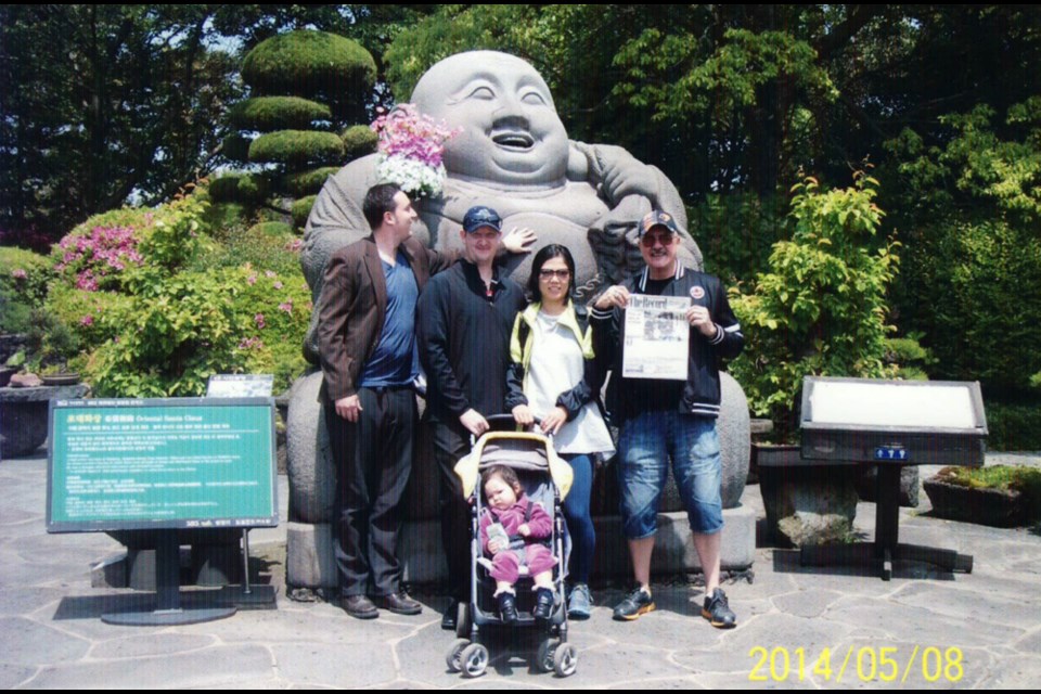 Tom Frederick of New Westminster, with son Greg, daughter in law Katie and friend Max Harrison visiting Meichon Volcanic Cave Park in JeJu Isle, South Korea.