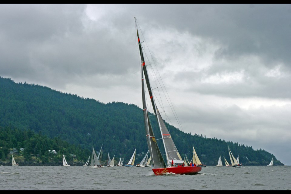 The Round Bowen Race record-breaker and America’s Cup boat, Il Moro, heads south out of Snug Cove with the rest of this year’s race fleet behind her.