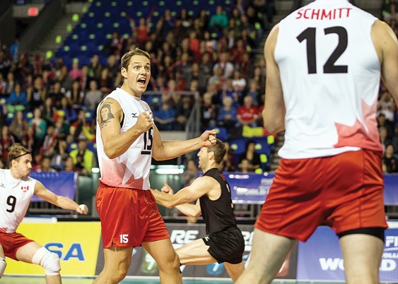 Fred Winters fires up his teammates during a recent FIVB World League match. The Carson Graham grad is the captain of Canada's men's national volleyball team.