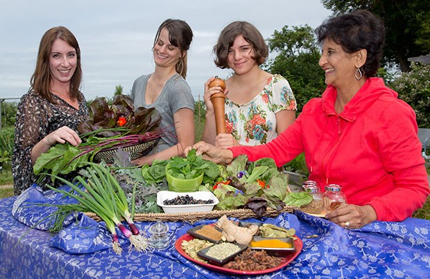 Corinne Imrie (Event Coordinator), Charlotte Konken (organic grower), Krystal Brennan (Outreach Coordinator), Jini Aroon (Jini's Gourmet Cooking Classes) with a whole bunch of farm-grown veggies and exotic spices.