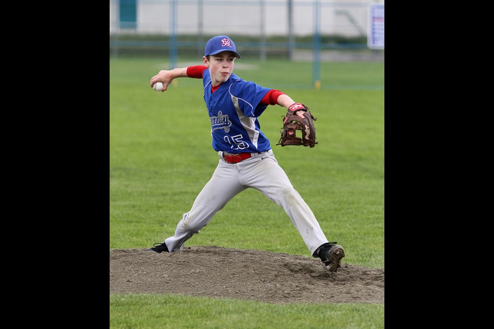U15 AA baseball, Burnaby Braves vs Vancouver Community Mounties at Kensington Park Sunday, 06-29-14. Braves pitcher Matt Watkins.
Jean Konda-Witte photo