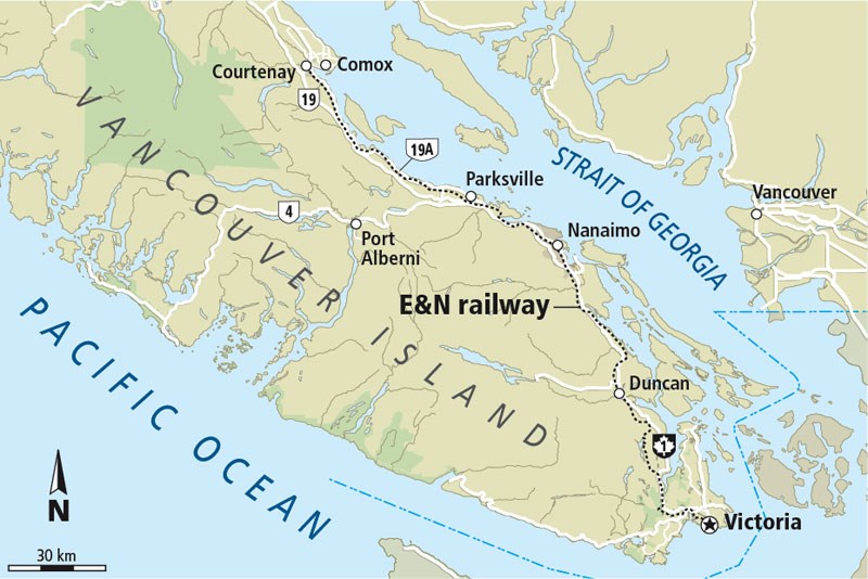 Map of the E&N route on Vancouver Island.