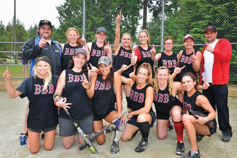 The Triple Bs beat All Mitts to repeat as champions at the second annual Mitts’ women’s slo-pitch tournament last Saturday, July 5, at Connor Park in Halfmoon Bay. Pictured, back row, from left: Marcus Brejak, Cassi Arrowsmith, Annie Clark, Marlice Josephson, Mandi Lineker, Shelley Mckerracher, Holly Lacey, Ryan Costello; front row: Laura “Pinky” Nickerson, Melanie Cloutier, Sara Agnew, Kari Krystalovich, Sara Disney and Meaghan Josephson. See more photos online at www.coastreporter.net