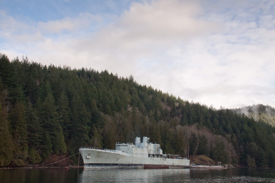 The HMCS Annapolis, a decommissioned battleship, is currently moored in Port Graves on Gambier Island. Photo: Russell Clark/Seaproof.tv