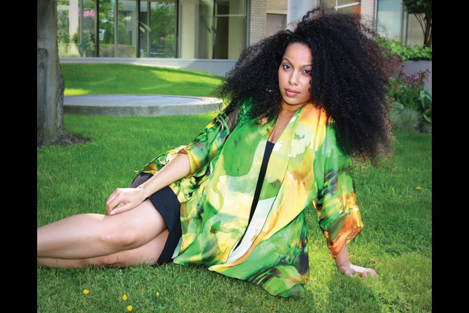 Model Jihan Amer wears a colourful K-O.ME piece. Designer Kjaer Pedersen of West Vancouver will be selling her handmade garments at Circle Craft’s summer market July 24-27 at Jack Poole Plaza in Vancouver.