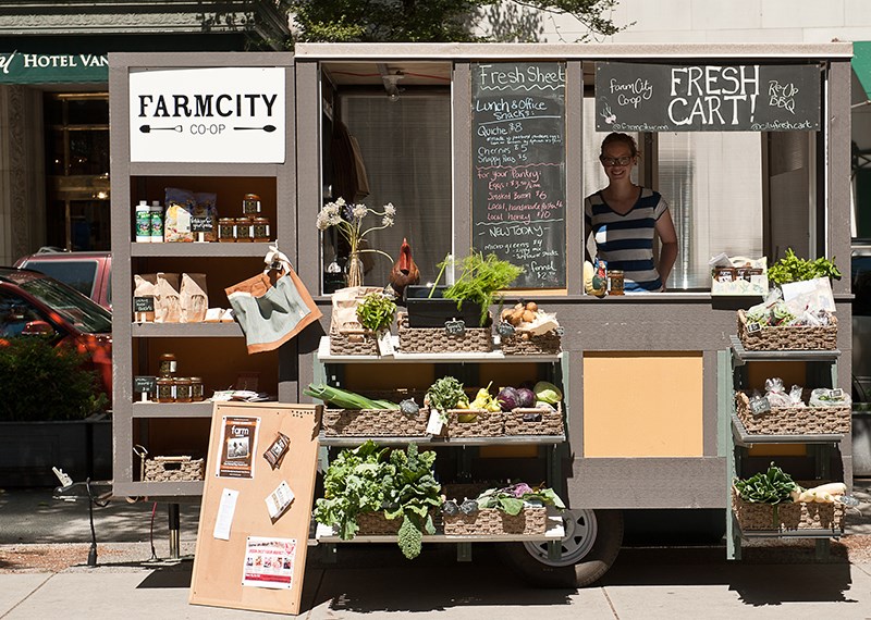 FarmCity Fresh Cart at Hornby and West Georgia offers a veritable cornucopia of fruit, vegetables, and locally-made products.