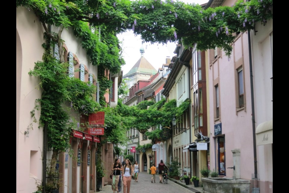 Think of a sidewalk or walkway as a room with walls, floor and ceiling. Here the ceiling includes growing vines. Photo Michael Geller