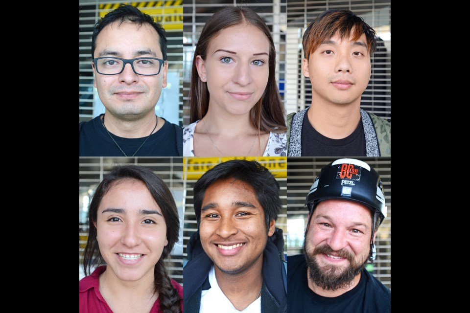 Clockwise from top left, Burnaby commuters Alejandro Guillen, Shauna Jessop, Bill Huang, Shane Droucker, Joe Frederick and Ana Carranza were caught up in Tuesday's SkyTrain shutdown Tuesday.