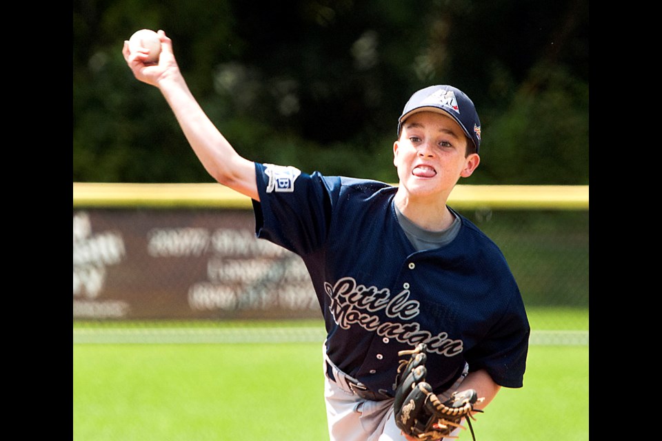 Little Mountain pitcher Simon Crossfield pitched 3.2 innings in a 3-9 loss to South Vancouver in a round-robin game at the B.C. Little League Championship in Walnut Grove July 21.