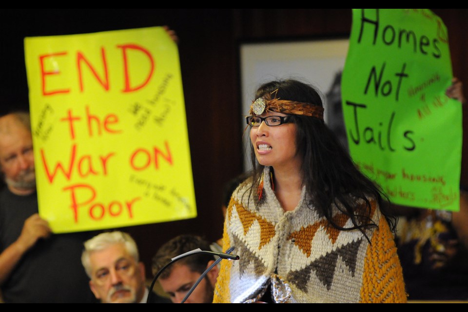 Audrey Siegl, a former Downtown Eastside resident and member of the Musqueam Indian Band, spoke at city council Tuesday as part of a delegation supporting the protest in Oppenheimer Park. Photo Dan Toulgoet