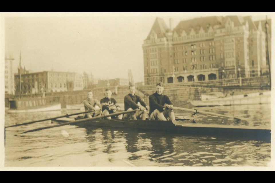A rowing crew on Victoria's Inner Harbour. Blayney Scott is second from the back.