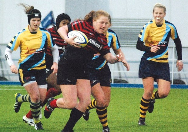 Hilary Leith leads a rush during a stint playing with England's Saracens Rugby Club. Leith will suit up for Canada in the Women's Rugby World Cup along with fellow Capilano Rugby Club members Mandy Marchak and Andrea Burk.