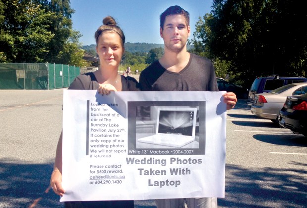 Caitlin Henderson and Jim Beland take to the streets in hopes someone can help them find a stolen laptop that contains their wedding photos.