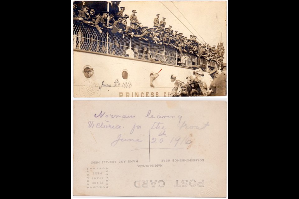 This Trio postcard shows troops leaving the Belleville Street dock on the Princess Charlotte on June 20, 1916. The ship arrived in England on July 25. &Ntilde; Greg Windwick