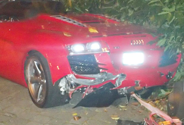 The damaged rear end of an Audi R8. Police say it was hit by a drunk driver.