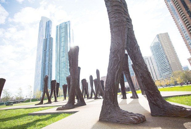 Located in Chicago’s Grant Park, Agora is a permanent sculptural installation comprised of 106 nine-foot-tall headless figures created by Polish artist Magdalena Abakanowicz. A smaller group of Abakanowicz’s walking figures has been temporarily placed along Lonsdale Avenue as part of the 2014-2016 Vancouver Biennale.