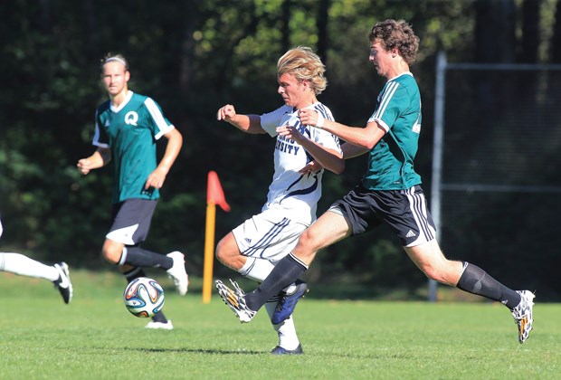 Capilano University’s Devan Woolley dodges a tackle in a 2-0 win over Quest Sept. 6 that was later turned into a loss due to the use of a suspended player. Woolley is the only returning PacWest all-star on a Blues team that is in a big hole after an 0-5 start.