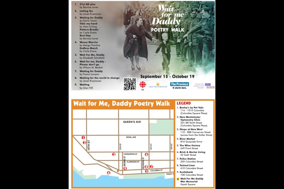 This map shows the location of the poems displayed in downtown businesses as part of the Wait For Me Daddy Poetry Walk.