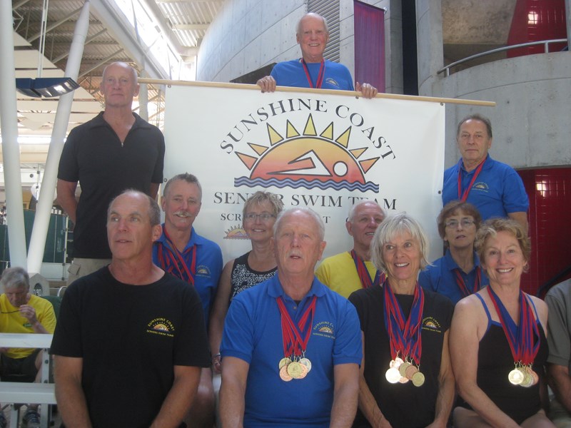 Sunshine Coast swim team members Ian Hooley, Warren McCrimmon, Simon Altman, Bill Watts, Tom West, Lucille Oakey, Bob Sangster, Bruce McDonald, Joan Humphrey, Linda Buckingham and Els Mol (not pictured).