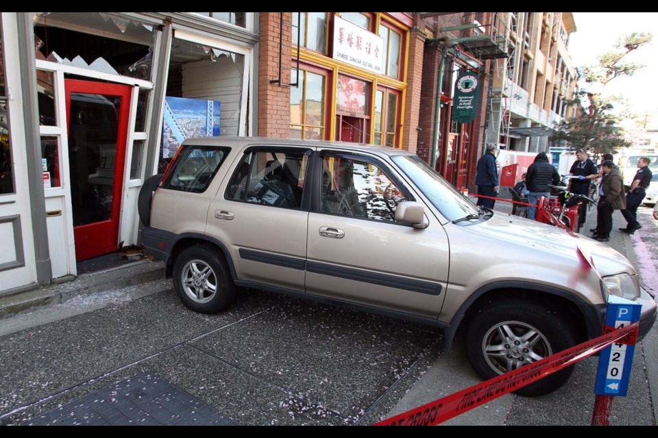 A vehicle ended up on the sidewalk after hitting a gallery front facade at Dales gallery 537 Fisgard around 8:40 Friday morning. There were no injuries in the early morning incident.