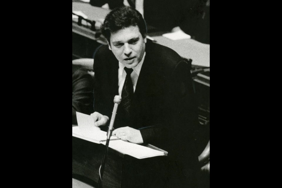 Former B.C. premier Dave Barrett, speaking in the legislature in March 1975.