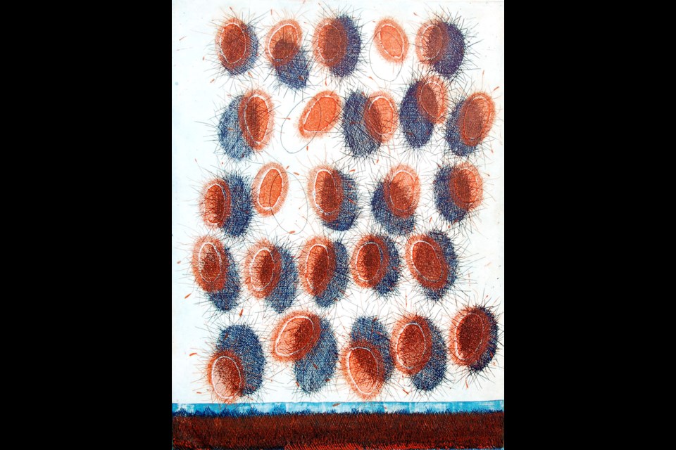 Cross Hatching, a 1982 etching with aquatint, is one of the works in the Vivienne Kubik exhibition at the McGill library branch.