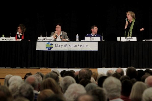Saanich-Gulf Islands candidates take part in a debate that drew a turnout of more than 800 people at Mary Winspear Centre in Sidney Thursday night. From left: Renée Hetherington, Liberal; Edith Loring-Kuhanga, NDP; Gary Lunn, Conservative, and Elizabeth May, Green. (April 21, 2011)