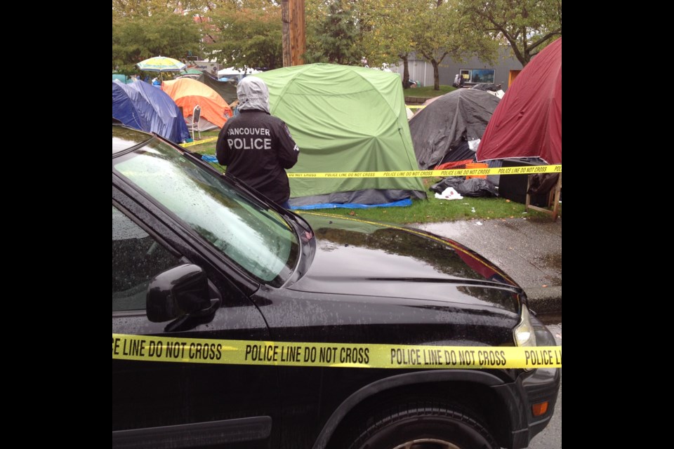 Police are at Oppenheimer Park today investigating the death of a person inside a tent at the protest camp. Photo Dan Toulgoet