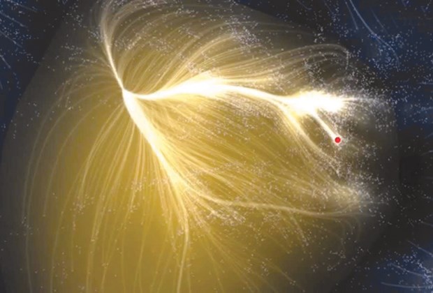 The Laniakea Supercluster - roughly 100,000 galaxies including our own on the outer "suburbs" marked by a red dot.