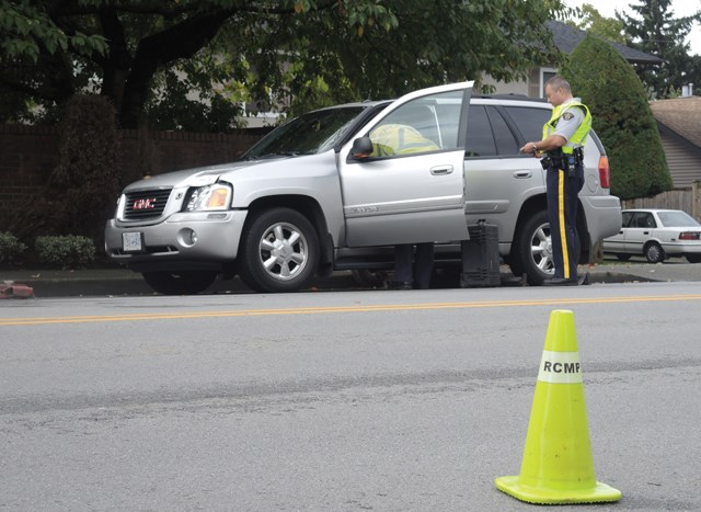 The front, driver's side headlight can be seen smashed in following the collision on Blundell Road early Tuesday, which killed an elderly pedestrian