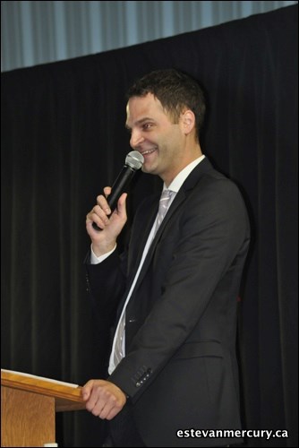 Jay Onrait, Don Narcisse and Brendon LaBatte spoke to packed house at the Estevan Curling Club April 14 as part of the Estevan football fundraising dinner.