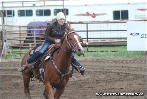 Katie Crossman of Rosetown rounds a barrel during Sam&#8217;s Barrel Extravaganza. The two-day barrel racing event ran Saturday and Sunday at the Estevan fairgrounds.