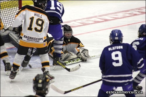 The pee wee AA Estevan Bruins lost to the Melville Millionaires 7-4 Jan. 19.